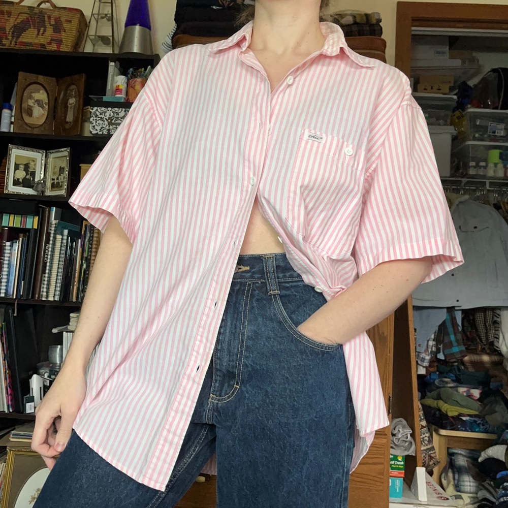 80s Chic Pink Striped Button-Up Shirt Cotton Size M